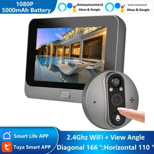 Smart Life Tuya 1080P WiFi Door Bell Eye Peephole Camera 5000mAh Battery PIR Motion Detector IR Alexa Google Home Digital Viewer