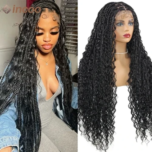 32 Boho Box Braid Perücken Curly Braided Voll Spëtze Front Perücke Pre Gepléckt Mat Baby Hoer Fir Fraen 613 Blond Flecht Synthetesch Perücke