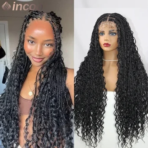 32 Zoll Laang Boho Gefleckt Voll Spëtze Front Perücke Waasser Curly Gëttin Locs Gefleckt Perück Preplucked Baby Hoer Synthetesch Box Braids Perücke