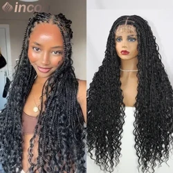 32palcové dlouhé boho pletené krajkové přední paruky Vodní kudrnatá bohyně Locs pletená paruka Předčesané dětské vlásky Syntetická krabička Copánky Paruka