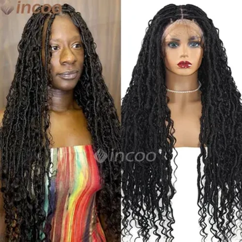Medium Bohemian Gëttin And Locs Gefleckt Perücken Voll Spëtze Perücken 32 Zoll Faux Locs Hekelt Hoer Mat Curly Synthetesch Perücken Boxbraids