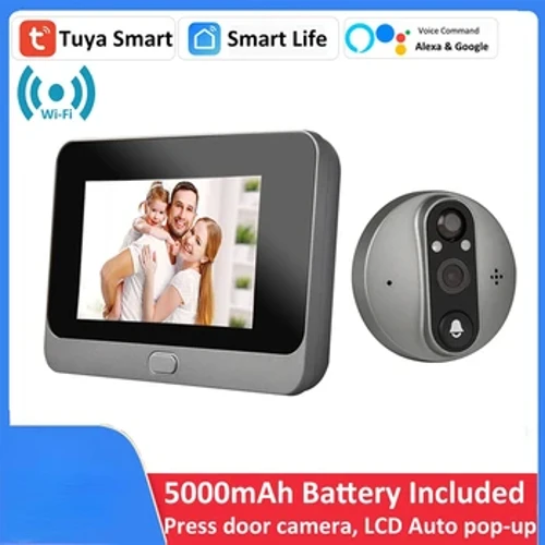 Smart Tuya 1080P Doras wifi Ceamara Bell Eye Peephole 5000mAh Fuaime 4.3' PIR FHD Amharcóir Digiteach Infridhearg Alexa Google
