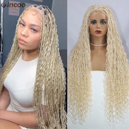 613 Blonde Bohemian Box punutised Parukad Täispitsilised eesmised parukad, sõlmedeta punutud lokkis sünteetiliste juustega Parukas Goddess Locs punutud parukas