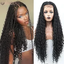 Parrucche a treccia di colore marrone scuro Boho Box Locs Parrucche anteriori ricce in pizzo pieno Parrucca intrecciata a scatola sintetica Capelli per bambini pre-pizzicati per le donne