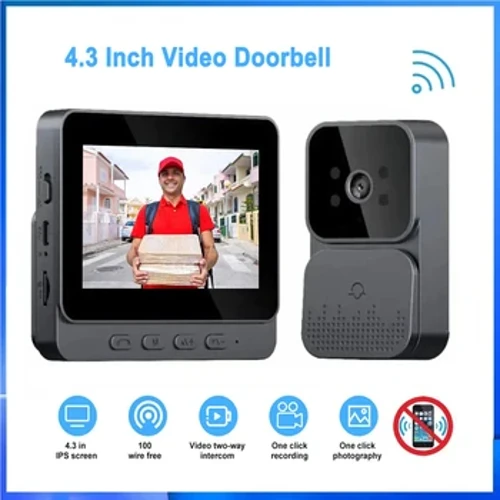 Sonnette vidéo intelligente sans fil, écran IPS de 4.3 pouces, Vision nocturne infrarouge, interphone bidirectionnel, caméra pour la sécurité de la maison