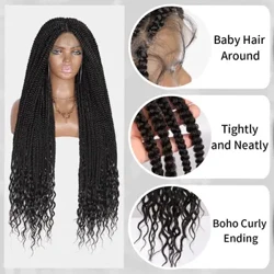 Kalyss 36" Parrucche intrecciate in doppio pizzo pieno con estremità ricci Boho Parrucca intrecciata senza nodi con cornrow box con capelli da bambino