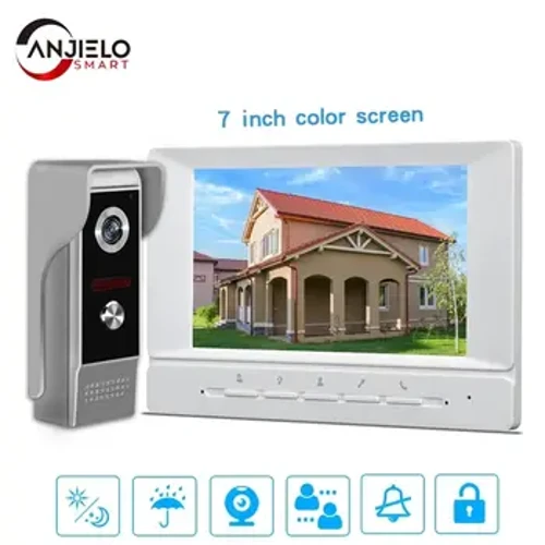 Sistema de intercomunicação por vídeo com fio, kit de sistema de campainha de vídeo de 7 polegadas, suporte para monitoramento de desbloqueio para casa, escritório, apartamento