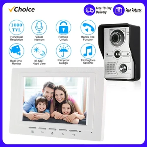 Monitor Cloch Drws Fideo Gwifredig 7 modfedd Dan Do Camera Awyr Agored IR-CUT Intercom Gweledol Dwy-ffordd Sain Datgloi Ffôn Drws Fideo