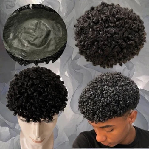 Peruca Virgem Peruana 8mm Curl #1b Bouncy Curly Toupee 8x10 Nós Unidade PU para Homem