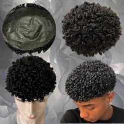 Peruvian Virgin Hairpiece 8mm Curl #1b Bouncy Curly Toupee 8x10 Knots PU Unit за мъже