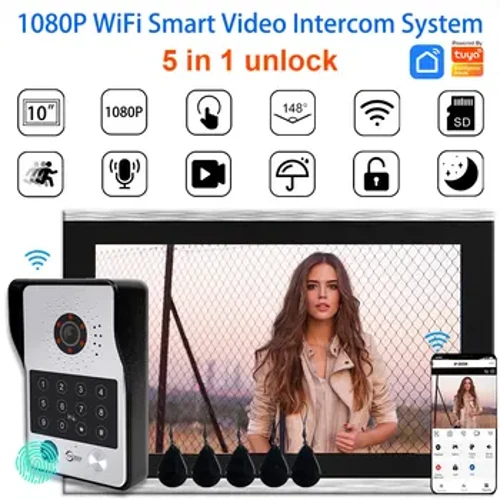 NYTT 2024 Fingerprint 5-in1 Unlock Wifi-dörrklocka Videointercomsystem för hemmet 1080P pekskärm 148° Dörrtelefon Säkerhetsskydd