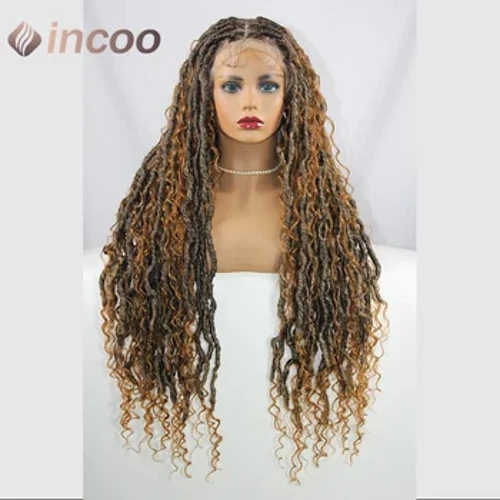32 tum Butterfly Loc Dark Ginger Helspets Front Flätad Peruk Water Wave Curly Peruker Distressed Knotless Box Flätor Cornrow Peruk