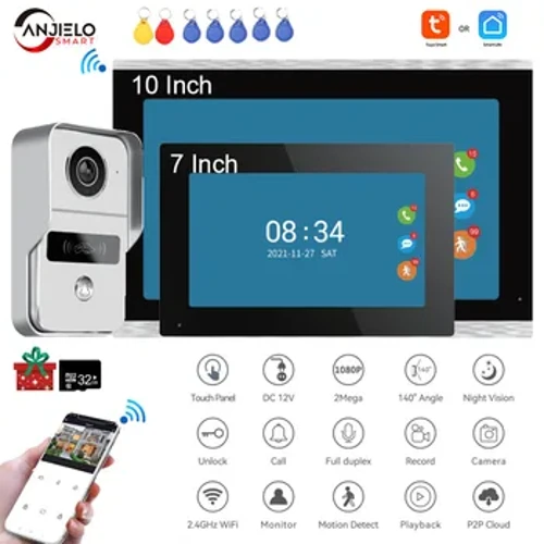 TUYA 1080P 7/10-palčni WiFi video domofon, zaslon na dotik, brezžični video zvonec Smart APP Home Kit za sistem za nadzor dostopa RFID