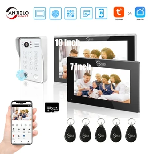 Tuya 7-calowy wideodomofon domofonowy ekran dotykowy z przewodowym dzwonkiem do drzwi 1080P 148 ° aplikacja hasło monitor z czytnikiem linii papilarnych