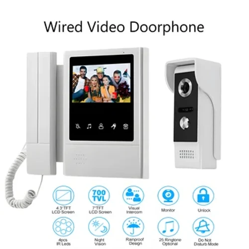 Káblový 4,3-palcový videozvonček intercom Villa Ručný telefón na dverách Farebná obrazovka s videovrátnikom 700TVL pre domáci byt