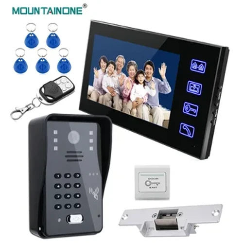 7" LCD video kaputelefon kaputelefon kapucsengő rendszer elektromos Strike zárral + vezeték nélküli távirányítóval RFID ajtó beléptető