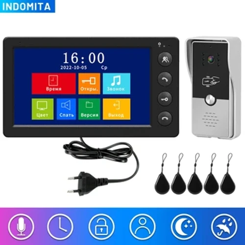 Indomita simli video eshik qo'ng'irog'i uy videotelefon uchun interkom tizimi 7 dyuymli RFID qo'ng'iroq paneli qulfini ochish.