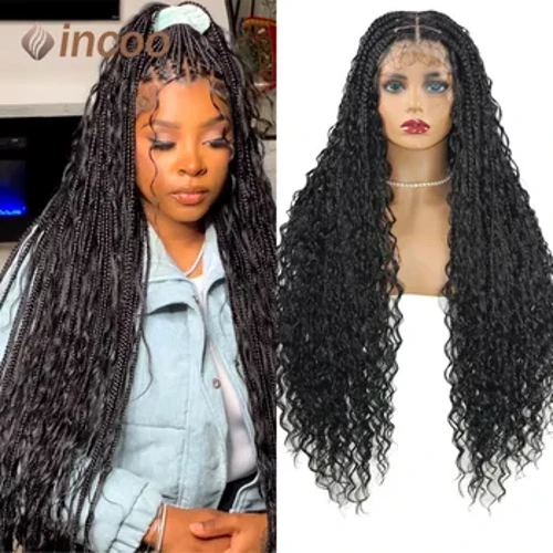 Wig plethedig dduwies Bohemian 32 Fodfedd Ar gyfer Merched Duon Synthetig Llawn Lace Plethedig Wigiau Gyda Blwch Gwallt Cyrliog Wig Clymog Plethedig