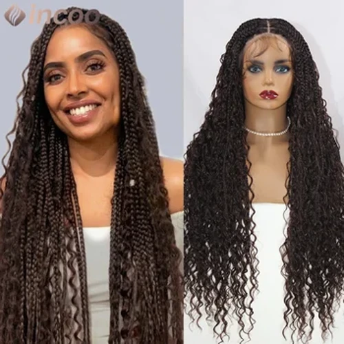 Boho Box Cornrow -punosperuukit 32 tuumaa pitkät täyspitsiset etuperuukit #4 tummanruskea aaltomainen kihara pitsi etuperuukit punottu peruukki Vauvan hiukset