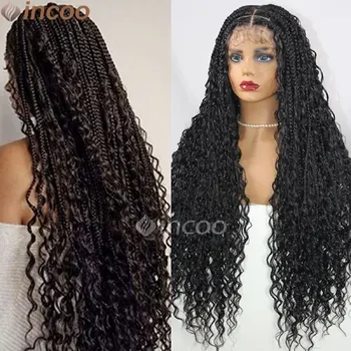 32 Zoll Boho Box Gefleckt Perücke Duebel Spëtze Front Gëttin Locs Perücke mat Curly Enden Knotless Square Deel Gefleckt Perücke mat Baby Hoer
