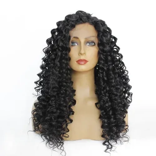 Cabelo sintético resistente ao calor, cor preta, solto, ondulado profundo, peruca frontal de renda para mulheres, entrega rápida expressa