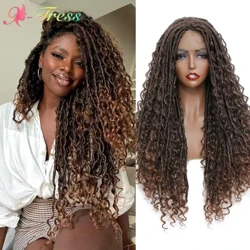 X-TRESS Dikepang Wig Renda Depan Wig untuk Wanita Hitam 28 Inch Ombre Coklat Faux Locs Crochet Rambut dengan Keriting Sintetis Renda Wig