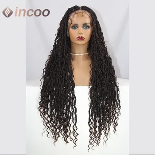 32 tum Butterfly Loc Flätad Peruk Chokladbrun Färg Helspets Front Wave Curly Peruker Distressed Knotless Braids Cornrow Peruk