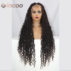 32 Zoll Päiperlek Loc Gefleckt Perücke Schockela Braun Faarf Voll Spëtze Front Wave Curly Perücken Distressed Knotless Braids Cornrow Wig