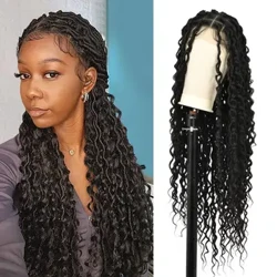 Kalyss 32 "quadrado nós sem nós locs briaded perucas cheias do laço peruca briaded com cachos boho perucas trançadas dianteiras do laço sintético