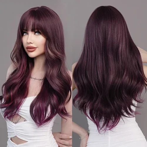 Wig Sorot Ungu Bergelombang Panjang kanthi Poni kanggo Wanita Saben Dina