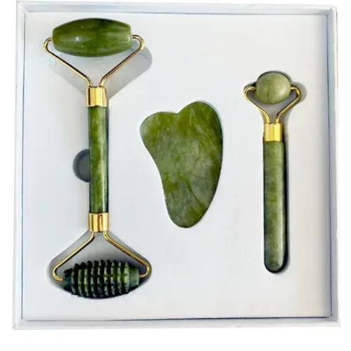 Bodyüzüň arka aýagy üçin tebigy Jade rolikli massaagerçy Roller ýüzüni götermek Gyrmyzy garşy goşa uçly Gua Sha Jade Stone