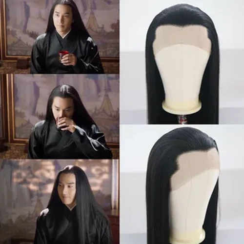 Rhan Rhad ac Am Ddim AIMEYA Black Lace Front Wig Hir Silky Straight Synthetic Lace Wigiau Gwallt Tymheredd Uchel ar gyfer Dynion neu Ferched Cosplay