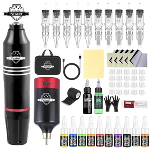 Νέο Professional Tattoo Machine Kit Complete Rotary Machine Pen with 10pc Cartridge Needle 12pc Ink for Tattoo Beginner Set