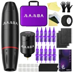 MAMBA Profesional Rotary Tattoo Machine Kit Mesin Tato Nirkabel Pena dengan 10 Pcs Cartridge Jarum LCD Tato Power Supply