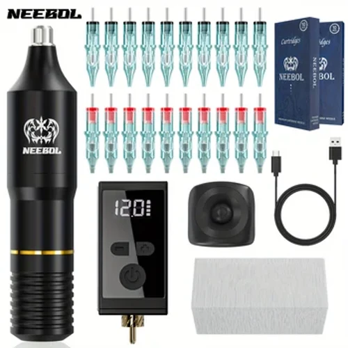 1 ensemble, Kit de tatouage sans fil Neebol, alimentation de tatouage avec interrupteur à anneau, pistolet de tatouage rotatif avec aiguilles à cartouche de tatouage, cadeau
