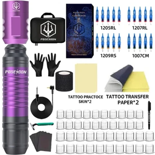 Kit de tatouage POSEIDON Kit de stylo de tatouage Kit de pratique de tatouage pour débutants avec alimentation sans fil Kit de Machine de tatouage d'interface RCA