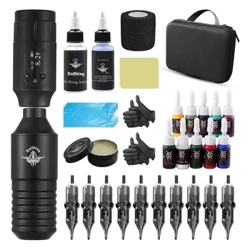 Set di macchinette per tatuaggi rotanti professionali con penna per macchinette per tatuaggi wireless con alimentatore per display digitale aghi per cartuccia da 10 pezzi