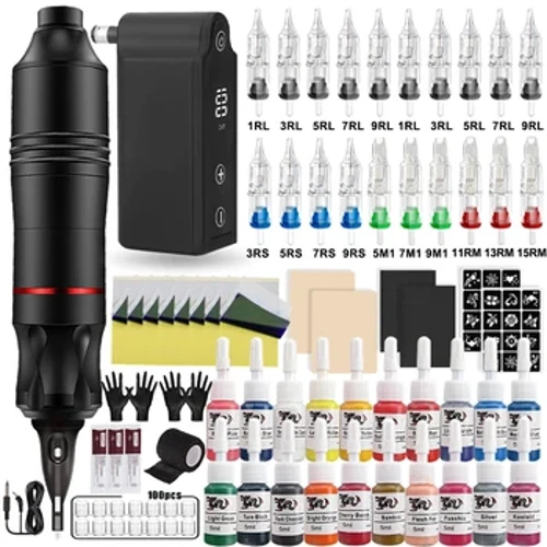 Kit de tatouage professionnel complet, Machine à tatouer rotative DC, ensemble de stylos avec alimentation sans fil, pour débutants en tatouage de maquillage