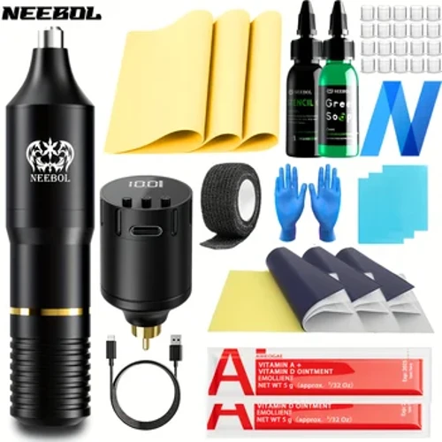 1 set, kit de tatuaj fără fir Neebol - mașină de tatuaj profesională rotativă pentru începători, pachet de putere pentru tatuaje de 1300 mAh