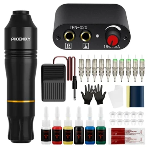 Hoʻopiha piha ʻia ka mīkini ʻiʻo piha piha i ka Rotary Tattoo Pen Kit me nā nila a me nā ʻīnika Pigment Tattoo Gun Makeup Kit.