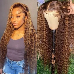 Highlight Ombre Lockigt Människohår Peruk HD Transparent 13x4 Spets Front Peruk Blond 32 Inch Deep Wave 13x6 Spets Frontal Peruk för kvinnor
