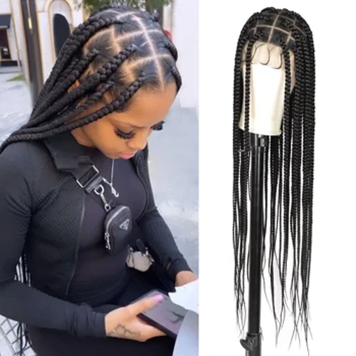 Kalyss 36 "grande caixa quadrada sem nós perucas trançadas para mulheres renda dupla completa com cabelo do bebê perucas de renda trançada sintética natural
