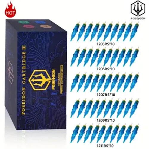 POSEIDON Dùng Một Lần 50 Con Hỗn Hợp Hình Xăm Chuyên Nghiệp Hộp Kim An Toàn Chất Lượng Cao Thường Trực Trang Điểm Hình Xăm Kim