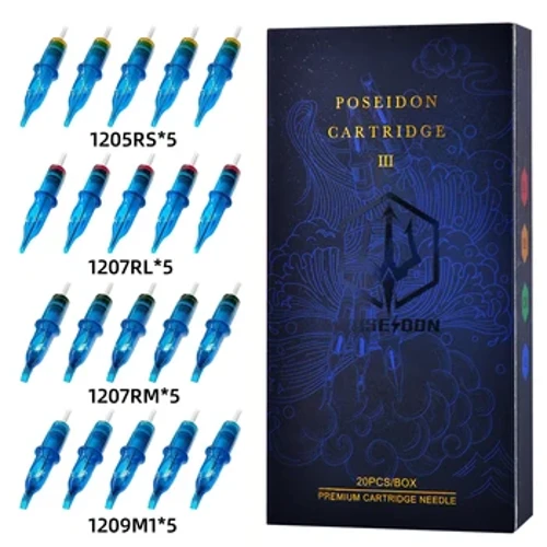POSEIDON 20PCS smíšené profesionální tetovací jehly s membránovými bezpečnostními kazetami Jednorázová tetovací jehla pro umělce