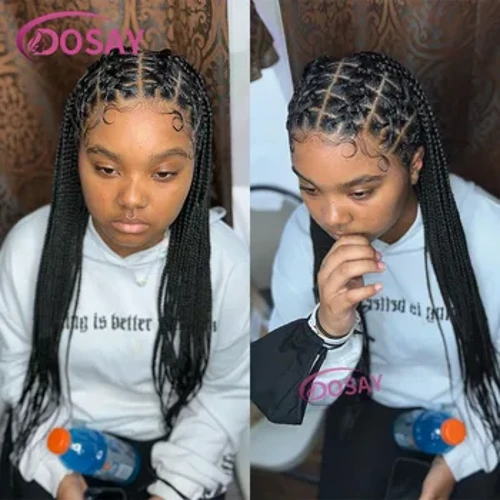 Qora ayollar uchun Ombre Sintetik o'rilgan Perular Criss Cross Tugunsiz qutisi Braids Peru Uzun To'liq Dantelli Peruklar Old Dantelli Peru 36 Dyuym