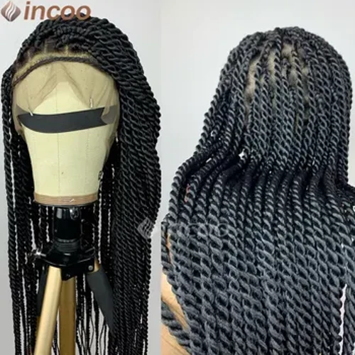 36 'īniha i hoʻopaʻa ʻia i nā wahine ʻeleʻele no nā wahine ʻeleʻele piha i ka lace i hoʻopaʻa ʻia ʻo Faux Locs akua wahine Jumbo Knotless Synthetic Braid Lace Frontal Wigs