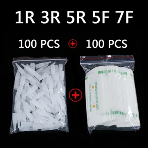 100PCS 1R 3R 5R 5F 7F PMU 바늘 + 바늘 팁 영구 화장 눈썹을위한 일회용 멸균 전문 문신 바늘