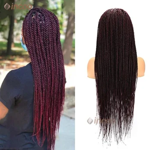 Peruca dianteira de renda sintética com tranças, peruca completa de renda para mulheres, peruca trançada torcida, mistura preta, caixa de borgonha, peruca africana
