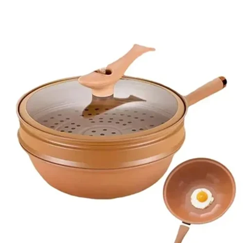 Kerámia wok tetővel tapadásmentes agyag wok gőzölő kosárral Agyag wok mikronyomású wok multifunkcionális háztartási serpenyő