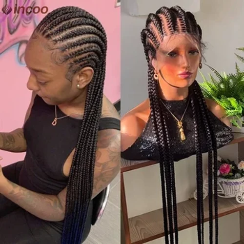 Tam Dantel Ön Cornrow Çift Hollandalı Örgülü Peruk Bebek Saçlı Siyah Büküm Kutusu Örgülü Dantel Peruk Sahte Locs Tanrıça Örgüler Peruk